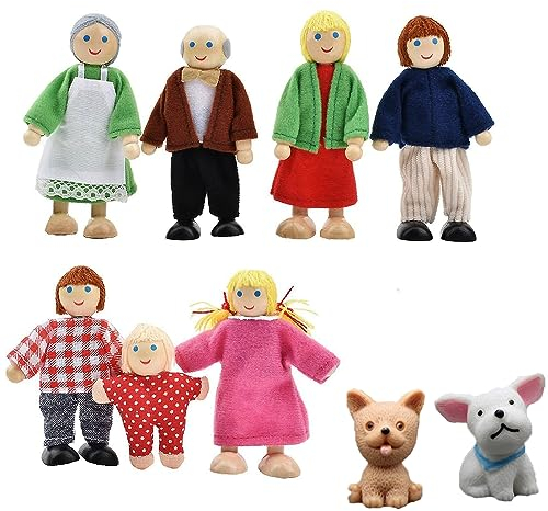 HöLzerne Puppenhaus Mit 9 StüCk Puppen Puppenhaus Familie Mit Katze Und Hund Puppenstube Verstellbare Familienpuppen Figuren Familie Rollenspielfiguren Kinder Spiel Geschenk FüR MäDchen Jungen