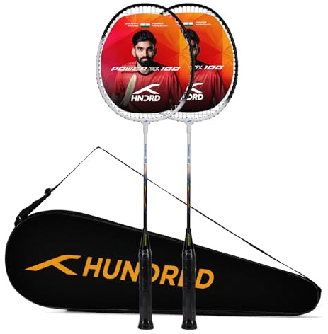 HUNDRED Powertek 100 (Set of 2) Badminton Racquet with Full Cover (White/Black, Size: Standard, Grip Size: G5) | Strung | Material: Aluminium | Maximum Tension: 16-18lbs | for Intermediate Player