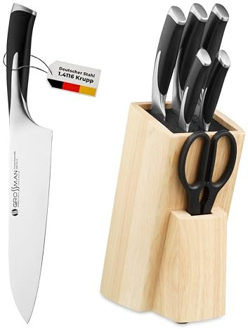 GROSSMAN® Oxford Bloque de cuchillos | Juego de cuchillos de 6 piezas con bloque | Cuchillas de acero inoxidable alemán | (Beige | Negro profundo, 6 piezas)