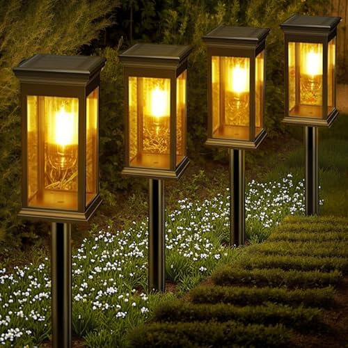 Hqynss Solarlampen für Außen Garten, 4 Stück Moderne Solarleuchten mit Längere Arbeitzeit, IP65 Wassserdicht, warmweiße Wolfram LED, Auto Ein/Aus, für Garten, Terrasse, Pfad, Rasen
