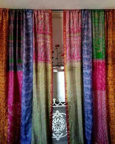 Handmade Patchwork Gypsy Hippy Curtains Indian Vintage Silk Sari Fabric Doorway Window Curtains Boho Style Rod Pocket Drape for Livingroom Bedroom Decor (82x42 Inches)(2 PC Assorted Color)