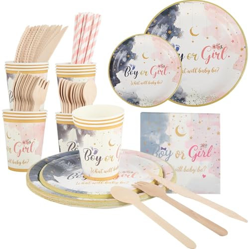 Set di stoviglie per feste, 132 pezzi – Gender Reveal – Baby Shower – accessori per feste per 16 ospiti, stelle e lune, decorazione per feste di genere o ragazza