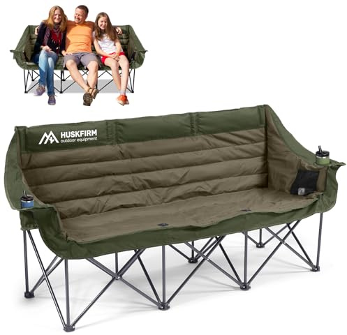 Huskfirm 3 Person Camping Chairs Folding Double Camping Chair Portable Oversized Loveseat Padded Camp Chair Heavy Duty Camping Couch for Adults Outdoor Lawn with Two Cup Holders and Carry Bag Green