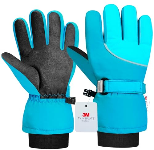 Origem Guanti Neve Invernali Bambino Bambina, 3M Thinsulate Impermeabili Guanti Sci Termici con Touchscreen a 5 Dita Riflettenti Antiscivolo per Bambini 4-14 anni Snowboard Sciare Calcio Bici
