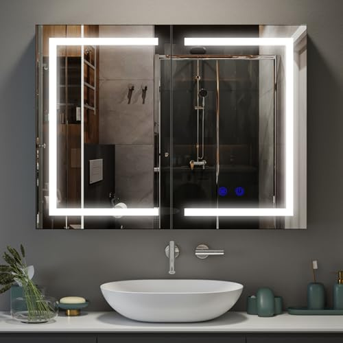 Luxstein Spiegelschrank Badezimmer mit LED Beleuchtung, 3 Lichtfarben 6000K, Anti-Beschlag, Wandmontage, mit Steckdose & Ablage, platzsparend Badezimmerschrank (80×60 Doppeltür)