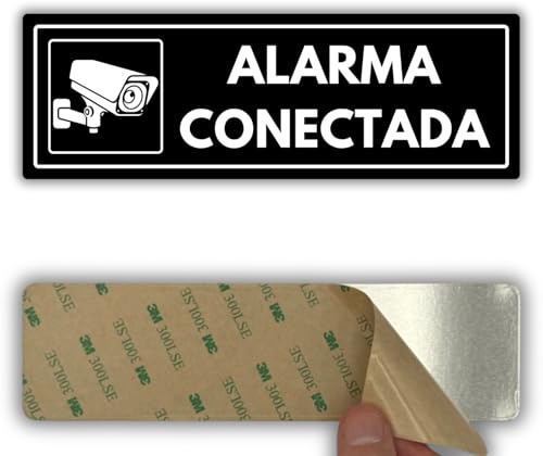 LEIASA | Señal Alarma Conectada - 7,5 x 23 cm - Grosor 2 mm - Acrílico - Placa Adhesiva - Cartel Alarma - Rótulo Disuasorio - (Alarma Conectada)