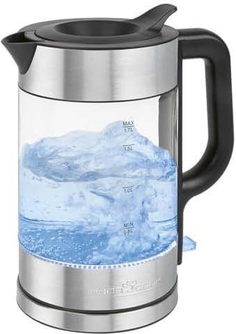 Hervidor de agua ProfiCook de cristal | 1,7 l | 2200 W | iluminado | sin BPA | manejo con una sola mano | base de 360° | enrollador de cable | carcasa de acero inoxidable | PC WK 1322 acero inoxidable