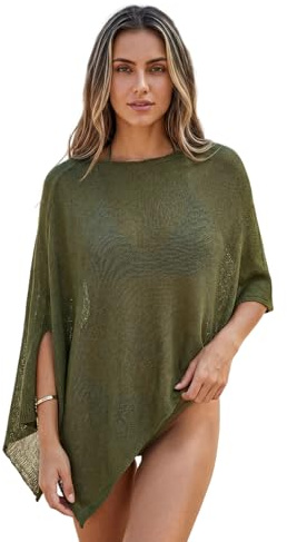 Felcia Women Knitted Poncho Top Lightweight Off Shoulder Crochet Sheer Shawl Asymmetrical Hem Solid Color Cover Up