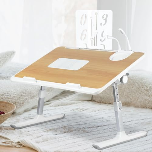 Justerbart sängbricka för laptop med portar, ventilerade och vikbara, höjd och vinkel justerbar, liggande design, 60 x 40 x 40 cm (gul valnöt, XL)