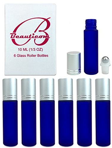 Beauticom Glass 10ml ~ 1/3 oz Roller Bottles with Metal Cap, Stainless Steel Roll Balls for Essential Oil, Aromatherapy, Perfume, Lip Gloss, Lip Balm, Roll on Bottles (12, FROSTED BLUE)