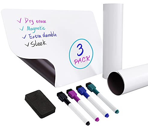 Amazon Basics Hoja de pizarra blanca de borrado en seco, magnética, 20,3 x 30,5 cm, 3 Unidad, Paquete de 1, Blanco