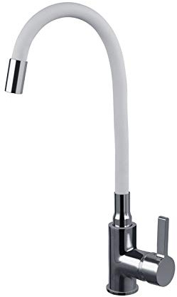 ZXC Niederdruck Küchen Armatur mit flexiblen und schwenkbaren Auslauf in Weiß, moderner Einhandmischer Wasserhahn komplett verchromt