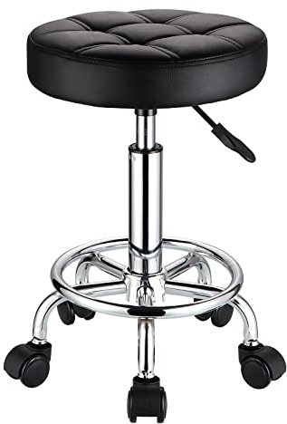 HMTOT Taburete Giratorio Redondo de Cuero de la PU de la Altura del Asiento Ajustable del balanceo del Taburete con Ruedas Negro