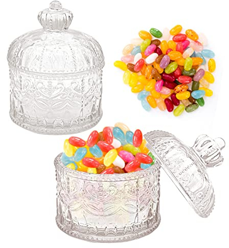 AMJKEJI 2 Pcs Glass Candy Jars with Lid, Crystal Clear Decorative Bowl Jewelry Box Storage Snack Organizer Jar Lid