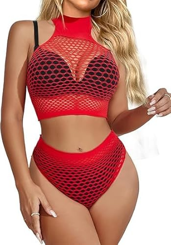 Buitifo Lingerie da Donna a Rete Mini Abito Camicia da Notte Sexy Biancheria Intima Bodysuit Pigiama Set(Rosso wb,Taglia unica)