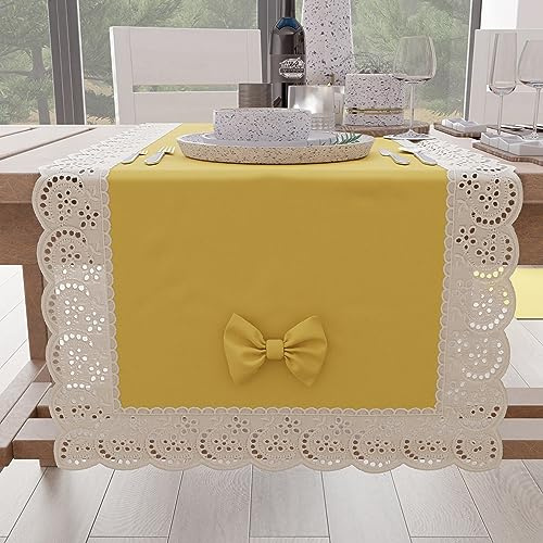 PETTI Artigiani Italiani - Runner Tavola Elegante di Cotone, per Tavolo Cucina, Soggiorno, Sala da Pranzo, Tovaglie in Tinta Unita con Balza in Pizzo Sangallo e Fiocchi 40x140 cm, Giallo