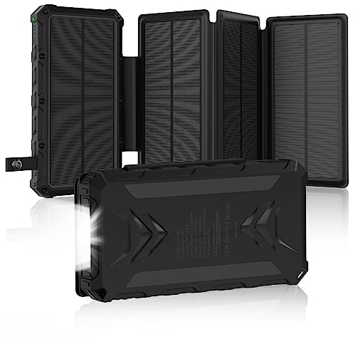 Solar Powerbank 20000mAh, Solar Ladegerät 3A Schnelles Aufladen mit 2 Ausgängen & USB-C-Eingangs, Outdoor Wasserfester Externer Akku mit 4 Solarpanels und Taschenlampe Für Smartphones Camping (Black)