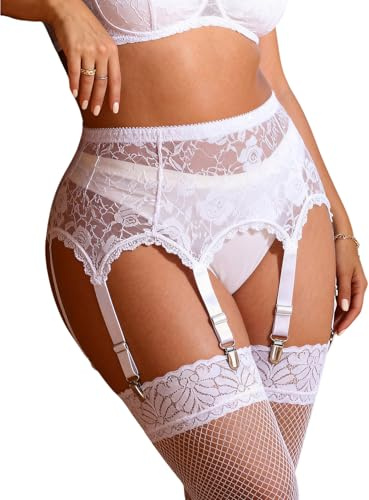 ohmydear Women's Lace Suspender Belt Plus Size White Garters Stretch Sexy Lingerie for Women Set with 6 Wide Straps for Stockings Uk 16-18
