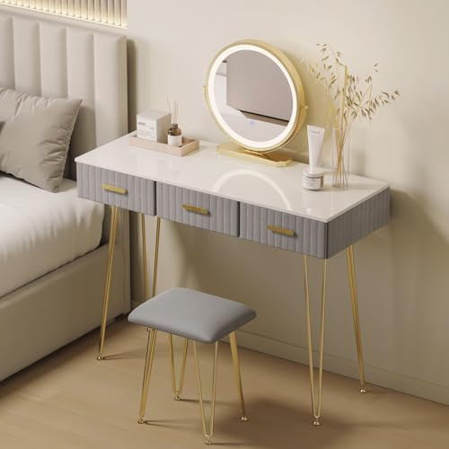 WOLTU Sminkbord med LED-lampor, justerbart ljus, sminkbord med sammetspall, sminkkonsol med 3 lådor, enkel montering, modern, vit + grå, MB6108gr