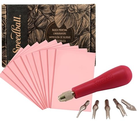 Speedball Lino Cutter Tool & 12pcs 4x6 Pink Rubber Carving Blocks Linoleum Block Stamp Making Kit
