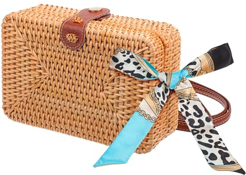 VALICLUD Rattan Tasche Damen Kleine Korbtasche Mit Seidenschal Handgefertigt Boho Strandtasche Sommer Schultertasche 7X5X3 Zoll Leicht