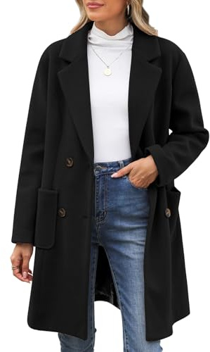 CMTOP Abrigo Mujer Lana Cuello en V Solapa Abrigos Invierno Largo Térmico Chaqueta Otoño Invierno de Lana Chaquetas Recto Doble Faz de Elegantes con Bolsillos(Negro, S)