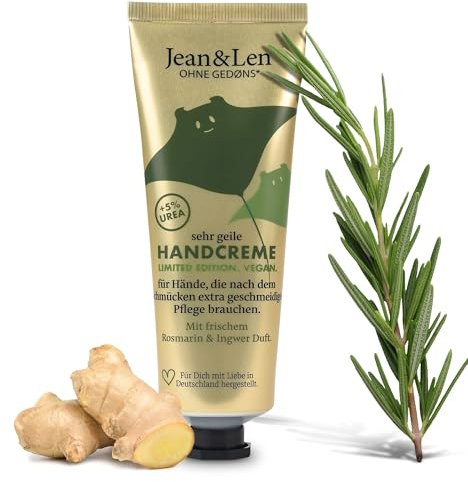 Jean & Len Sehr geile Handcreme Rosemary & Ginger, in der Weihnachtsedition, mit Urea, für trockene Hände, spendet Feuchtigkeit & pflegt intensiv, ohne Parabene & Silikone, Handcreme Tube, 75 ml