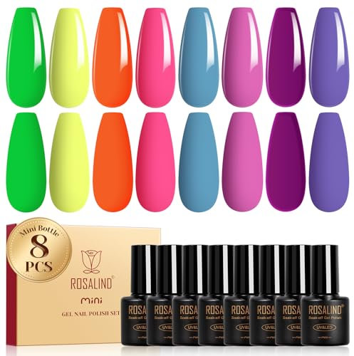 ROSALIND Esmaltes Semipermanentes Neón, 8 Color Verde Giallo Arancione Rosa Blu Viola Neon Colores Semipermanentes Uñas, UV LED Pintauñas Semipermanentes Manicure Regalo Primavera y Verano