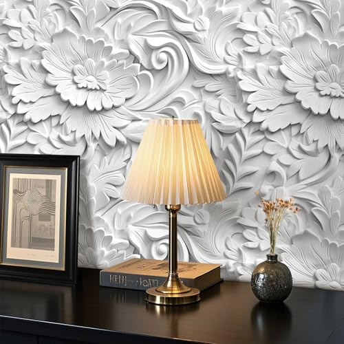 iPaste Papel tapiz sintético 3D blanco floral para despegar y pegar, para dormitorio, baño, techo, flores en relieve, estilo barroco, papel de pared autoadhesivo extraíble para armarios, se puede
