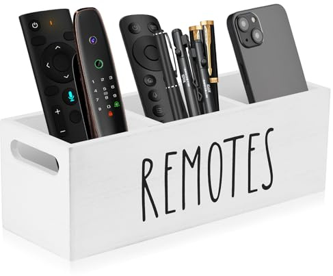 Organizer per telecomandi, scatola porta telecomando in legno con 3 scomparti, organizer per controllo da scrivania per soggiorno e accessori multimediali, portaoggetti bianco per controllo TV per