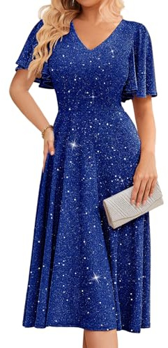 Bridesmay Glitter Sequin Formal Cocktail Dresses for Wedding Guest Short Sleeve Tea Party Dress Glitter RoyalBlue XL