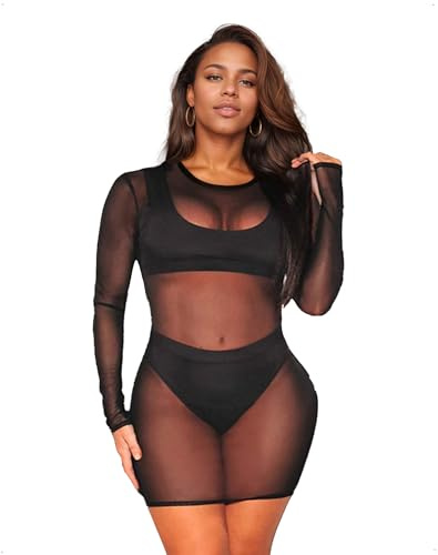 EMOTTOS Mini-Robe Transparente en Dentelle pour Femme, Body Extensible à Manches Longues et Col Rond, Lingerie Moulante en Maille Transparente pour Sortir en Boîte de Nuit, Noir, S