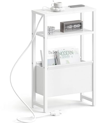 IRCPEN Narrow Side Table with Charging Station Slim End Table Sofa with Magazine Rack, Bedside Table for Small Spaces, 3 Tier Nightstand for Living Room Couch, Bedroom White LET503WE