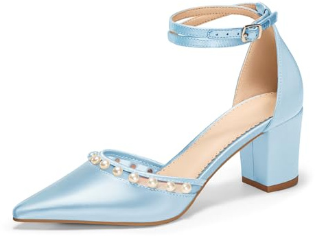 Coutgo Womens Pearl Chunky Heels Wedding Shoes for Bride Closed Pointed Toe Ankle Strap Satin Pumps, Sky Blue, Size 8