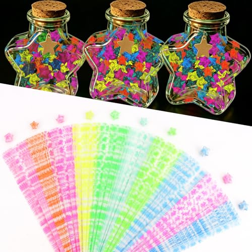 Norbiariz 210 Sheets Fluorescent Rose Star Origami Paper Strips Colorful Floral Lucky Star Folding Paper Double‑Sided Love Pattern Paper for DIY Crafts Decorations
