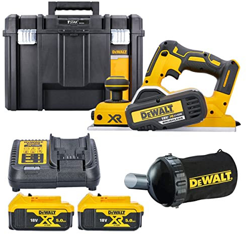 Dewalt DCP580P2 18V XR Brushless 82mm Planer + Dust Bag Attachment with 2 x 5.0Ah Batteries & Charger & Case