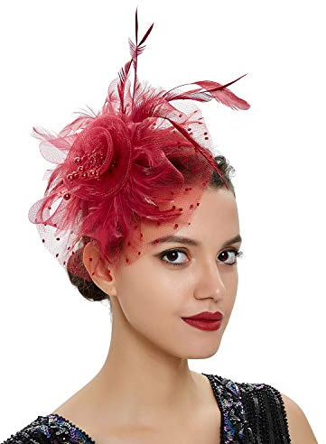 Fascinator-hatt för kvinnor damer bröllop fascinatorer tebjudning hatt klaff pillerlåda hatt Ascot race hatt fjäder blomma fascinator pärlor med pannband hårklämmor prickig näthatt huvudbonad