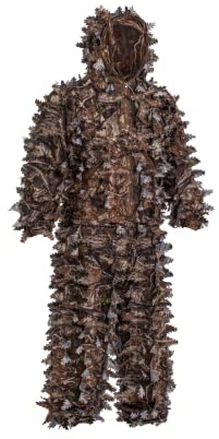 ROCREEK 3D Leafy Camo Suit Hooded Ghillie Hunting Clothing with Built-in Face Mask (Brown Woodland, Small-Medium)