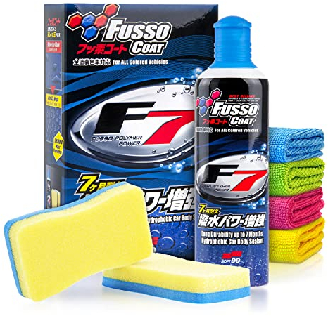 Soft99 Fusso Coat F7 (300ml) Auto Wachs Versiegelung Set - flüssiges Autowachs mit Langzeitschutz (7 M.) & Glanz-Boost - Wax, Lackversiegelung, Langzeitversiegelung, Flüssigwachs | 7-tlg.