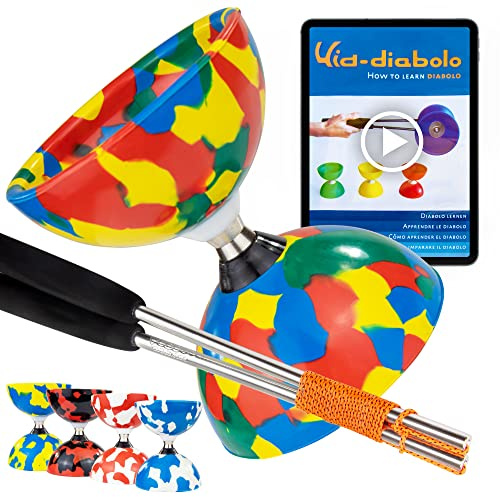 Juggle Dream Jester Diábolo Set para Malabares - Diábolo con Eje de Rodamientos con Palos de Aluminio y Vídeo de Aprendizaje en Línea (Multicolor)