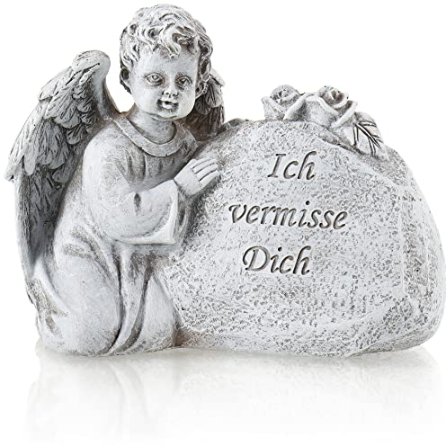 com-four® ángel de decoración de tumbas, Piedra Conmemorativa con Rosas e inscripción, decoración de Tumba Resistente a la Intemperie, Piedra de luto (1 Pieza - Soporte angelical)