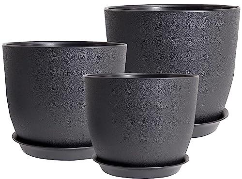 PROFIKLA 20cm, 18cm, 16cm Plastic Plant Pots, Plant Pots with Drainage Holes and Saucers, A Set of 3 Flower Pots, Modern Decorative Planters, Black