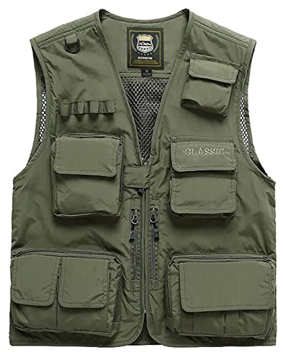 Beokeuioe Senderismo West Chaleco al aire libre muchos bolsillos chaleco de pesca con cremallera caza fotografía verano sin mangas chaqueta primavera chaqueta niño chaqueta, B verde., M
