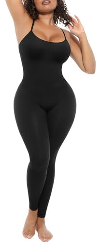 FeelinGirl Jumpsuit for Women Plus Size One Piece Jumpsuits with Built in Bra Ribbed Spaghetti Strap Workout Yoga Rompers Black XL/XXL