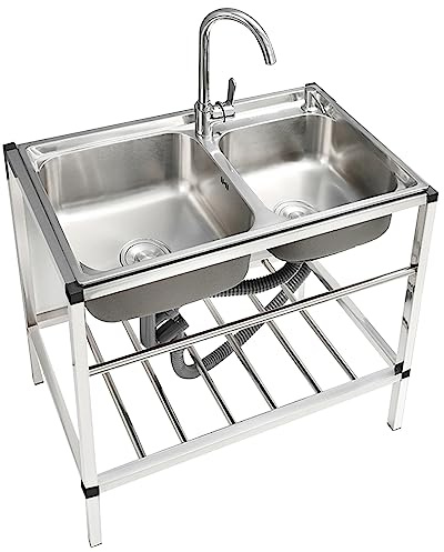 Camping Sink Commercial Sink Stainless Steel Wash Basin Double Bowl Unit Kitchen Sink with Stand Faucet for Restaurant Catering Outdoor Garage Garden