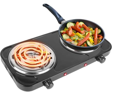 2000W Electric Double Burner Coil Stove-Portable Hot Plate Electric for Cooking, Countertop RV Hotplate with Non-Slip Rubber Feet and 5 Temperature Adjustments
