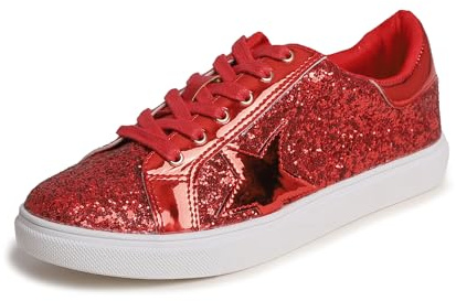 Feversole dammode snörning klänning sneakers glittrande fest glänsande skor stjärna glitter, Röd glitter stjärna snörning 1405, 41 EU