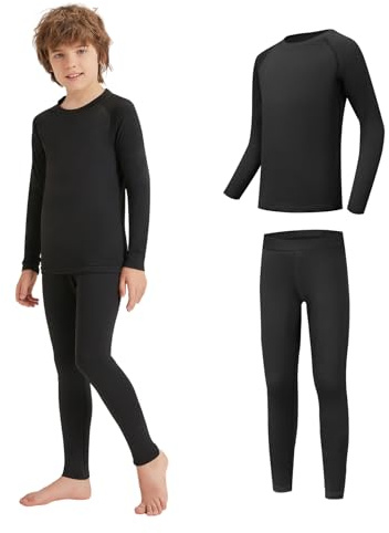 AMZSPORT Biancheria Intima Termica per Bambini, Set Intimo a Manica Lunga per Ragazzi, Comfort e Traspirabilità per Lo Sci, Nero M