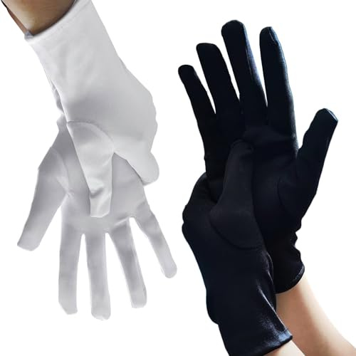 YanBous 2 Paia di Guanti Corti in Raso per Opera – Guanti da Sposa, per Tea Party e Banchetti, Accessori Flapper Anni '20, Lunghezza Totale 22cm, in Nero e Bianco