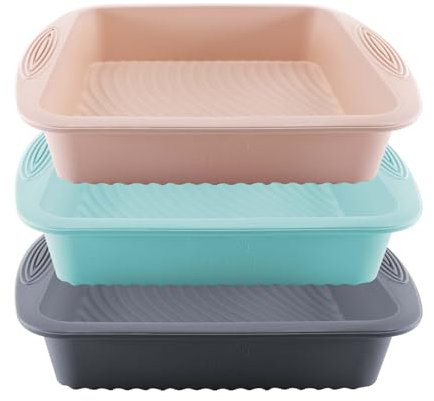 TOKSEO 3 stampi in silicone per brownie grandi, diametro 21 cm, rettangolari, riutilizzabili in silicone, rettangolari, antiaderenti, quadrati, per dolci a strati